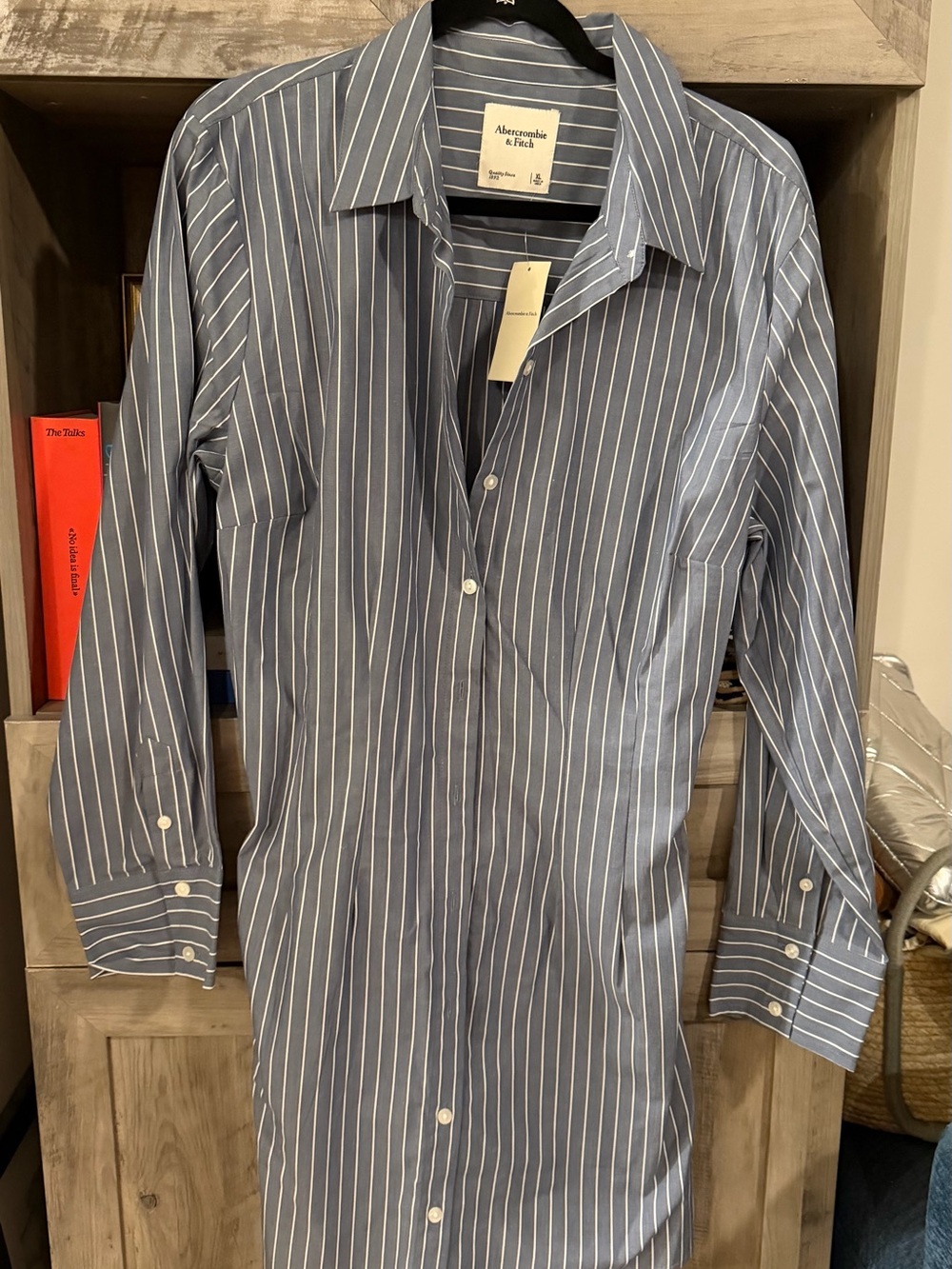 Abercrombie & Fitch Men's Blue and White Vertical Stripe Button-Down Shirt